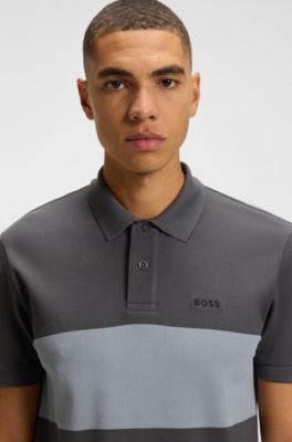 Cotton-piqu&eacute; polo shirt with block stripes, Grey
