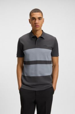 Cotton-piqu&eacute; polo shirt with block stripes, Grey