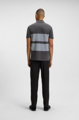 Cotton-piqu&eacute; polo shirt with block stripes, Grey