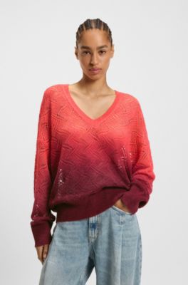 V-neck knitted sweater with degrad&eacute; effect, Red