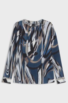 Printed blouse in stretch silk with gathered neckline, Patterned
