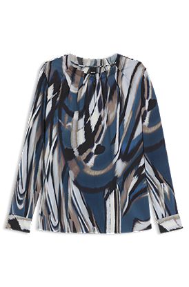 Printed blouse in stretch silk with gathered neckline