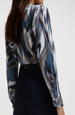 Printed blouse in stretch silk with gathered neckline, Patterned