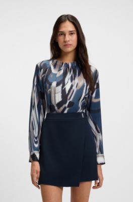 Printed blouse in stretch silk with gathered neckline, Patterned