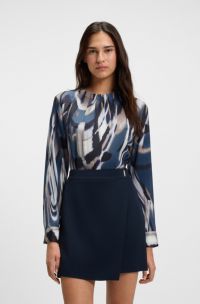 Printed blouse in stretch silk with gathered neckline, Patterned