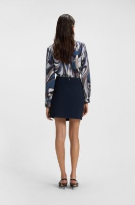 Printed blouse in stretch silk with gathered neckline, Patterned