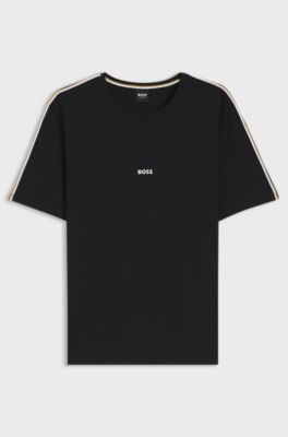 Stretch-cotton pyjama top with signature-stripe tape, Black