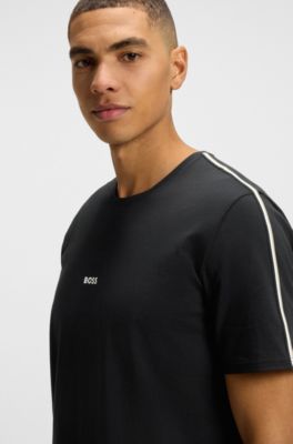 Pyjama-T-Shirt aus Stretch-Baumwolle mit Signature-Streifen-Tape, Schwarz