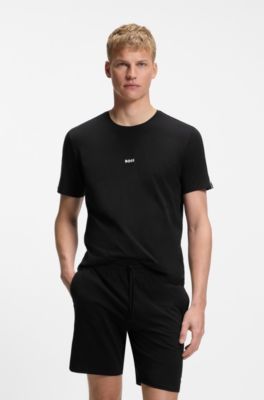 Stretch-cotton pyjama T-shirt with signature-stripe tape, Black