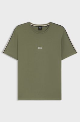 Stretch-cotton pyjama top with signature-stripe tape, Dark Green