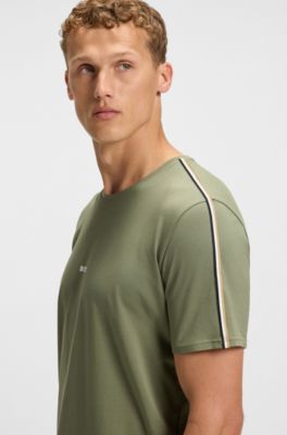 Stretch-cotton pyjama T-shirt with signature-stripe tape, Light Green