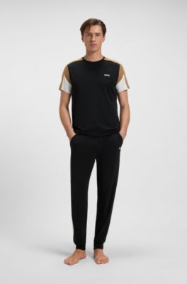 Cotton-blend pyjama T-shirt with contrast panels, Black