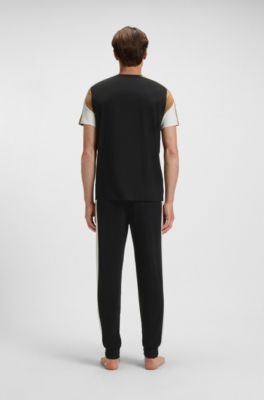 Cotton-blend pyjama T-shirt with contrast panels, Black