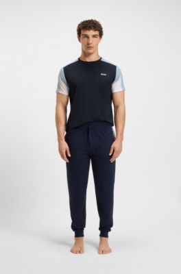 Cotton-blend pyjama T-shirt with contrast panels, Dark Blue
