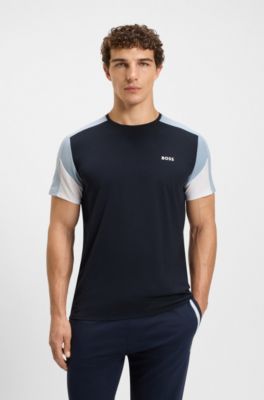 Cotton-blend pyjama T-shirt with contrast panels, Dark Blue