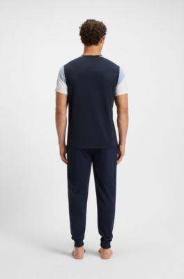 T-shirt del pigiama in misto cotone con pannelli a contrasto, Blu scuro