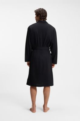 Belted Cotton Gown with Embroidered Logo, Black