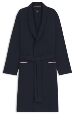 Dressing gown in cotton jersey with embroidered logo, Dark Blue