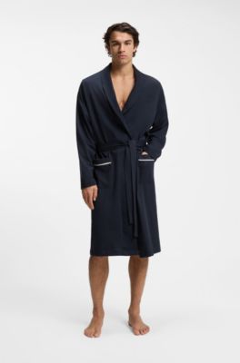 Peignoir en jersey de coton avec logo brod&eacute;, Bleu fonc&eacute;