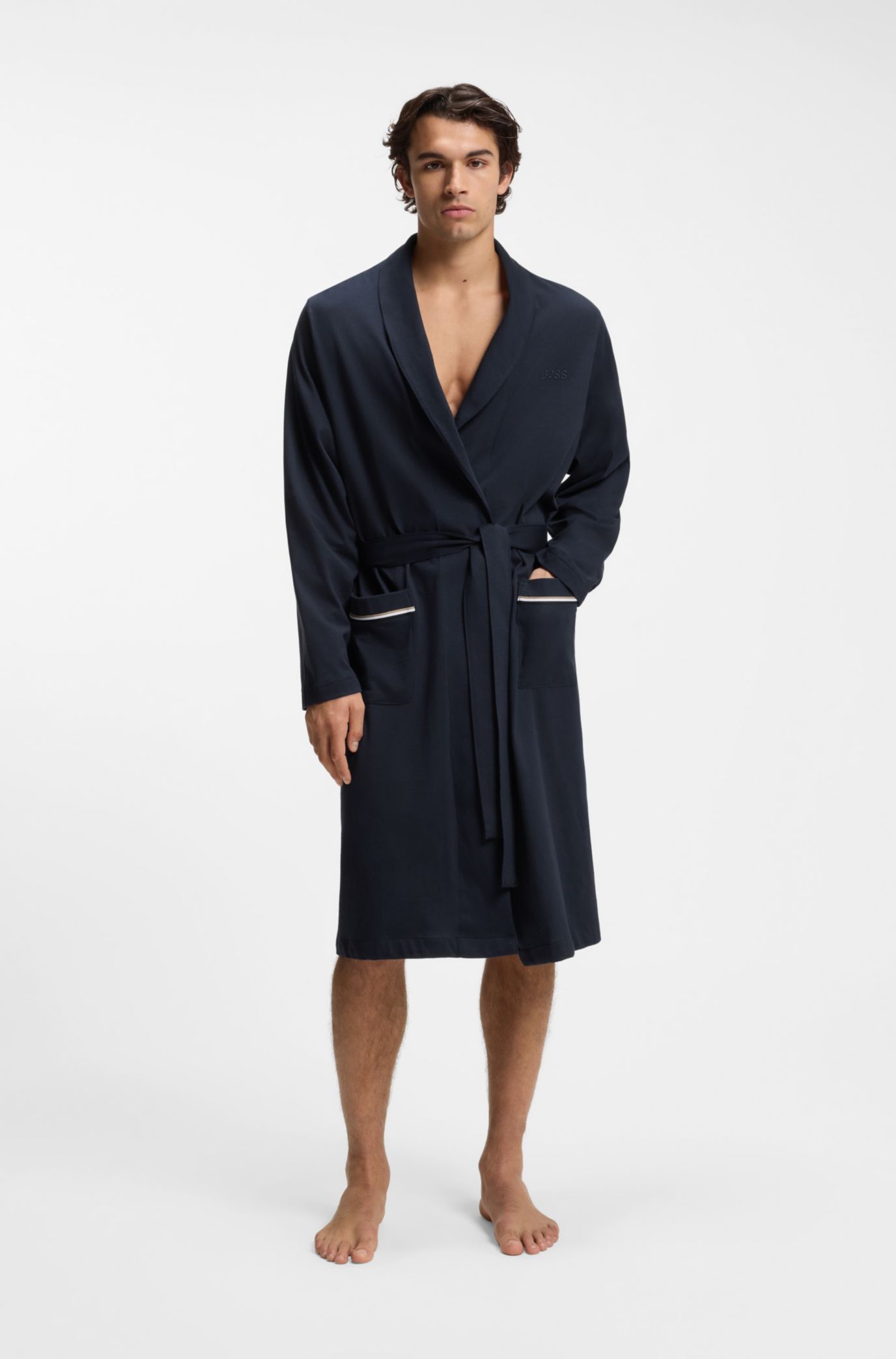 BOSS - Cotton-jersey dressing gown with embroidered logo - Dark Blue