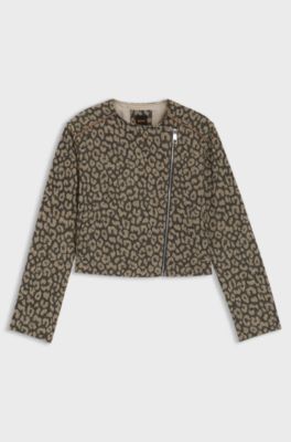 Cropped biker jacket in cotton-blend leopard jacquard, Patterned