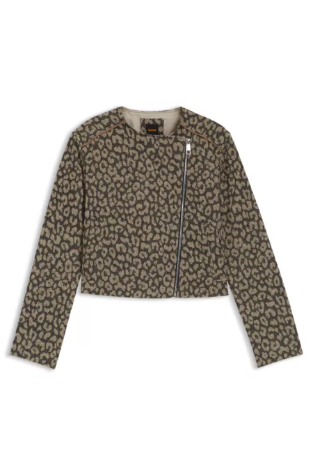 Cropped biker jacket in cotton-blend leopard jacquard