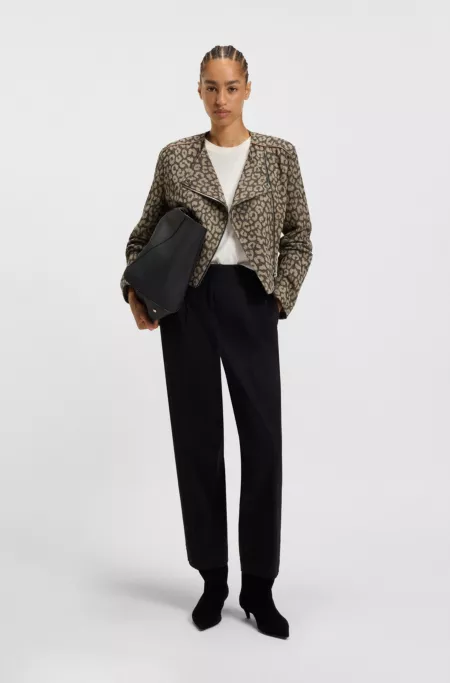 Cropped biker jacket in cotton-blend leopard jacquard