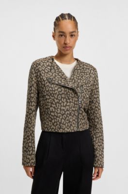 Cropped biker jacket in cotton-blend leopard jacquard, Patterned