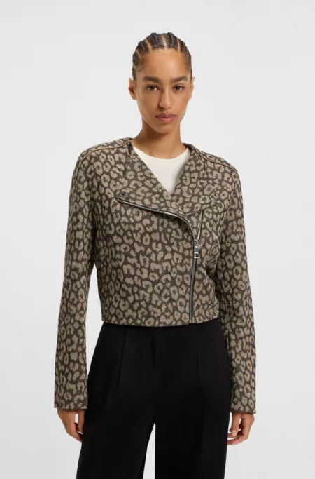 Cropped biker jacket in cotton-blend leopard jacquard