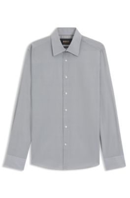 Slim-fit shirt in printed Italian-made cotton poplin, Dark Blue