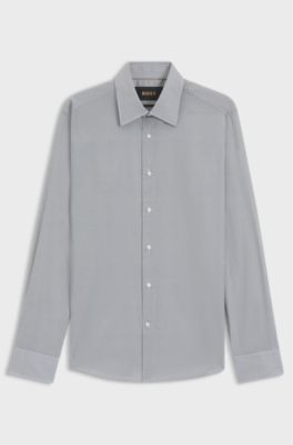 Slim-fit shirt in printed Italian-made cotton poplin, Patterned Dark Blue