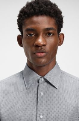 Slim-fit shirt in printed Italian-made cotton poplin, Dark Blue