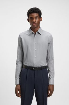 Slim-fit shirt in printed Italian-made cotton poplin, Dark Blue