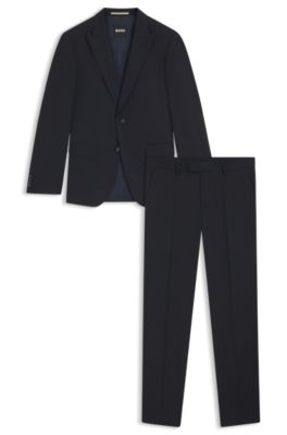 Slim-fit suit in virgin wool, cotton and stretch, Dark Blue