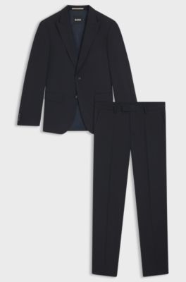 Slim-fit suit in virgin wool, cotton and stretch, Dark Blue
