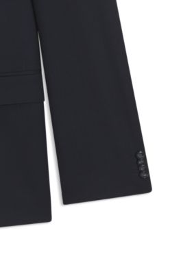 Slim-fit suit in virgin wool, cotton and stretch, Dark Blue