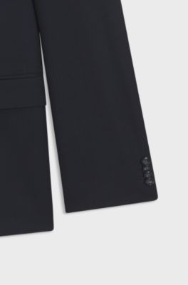 Slim-fit suit in virgin wool, cotton and stretch, Dark Blue