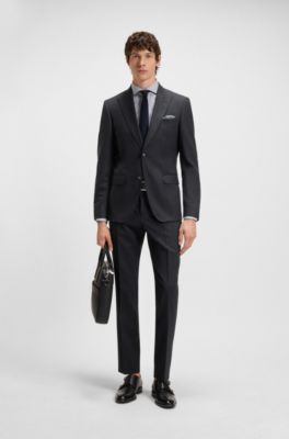 Slim-fit suit in virgin wool, cotton and stretch, Dark Blue