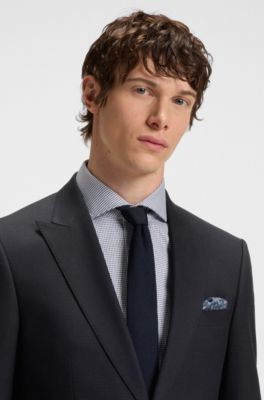 Slim-fit suit in virgin wool, cotton and stretch, Dark Blue