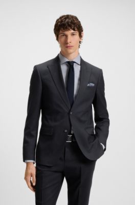 Slim-fit suit in virgin wool, cotton and stretch, Dark Blue