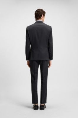 Slim-fit suit in virgin wool, cotton and stretch, Dark Blue