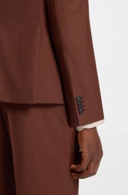 Two-piece slim-fit suit in micro-patterned wool, Brown