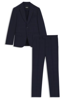 Slim-fit pak van geruite, kreukbestendige stretchwol, Donkerblauw