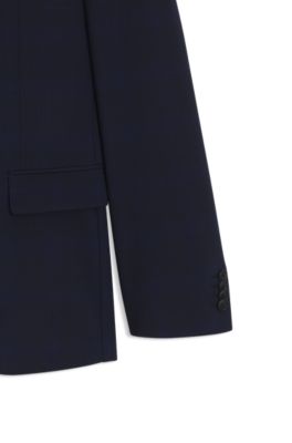 Slim-fit pak van geruite, kreukbestendige stretchwol, Donkerblauw