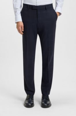 Slim-fit pak van geruite, kreukbestendige stretchwol, Donkerblauw