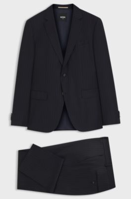 Slim-fit suit in striped virgin wool, Dark Blue