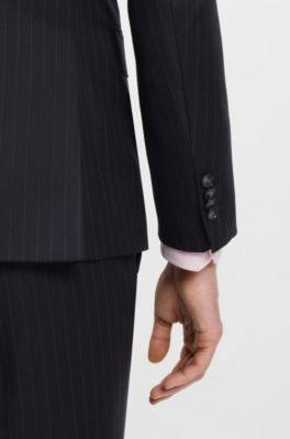 Slim-fit suit in striped virgin wool, Dark Blue