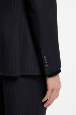 Slim-fit suit in striped virgin wool, Dark Blue