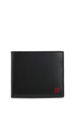 Leather billfold wallet with red stacked logo, Black
