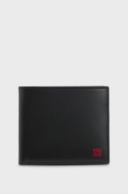 Portefeuille &agrave; deux volets en cuir avec logo rouge revisit&eacute;, Noir